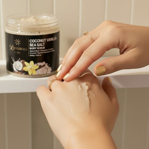 Luminous Care Coconut Vanilla Body Scrub | Sea Salt + Walnut Shell Exfoliating 2 - Picture 3 of 10